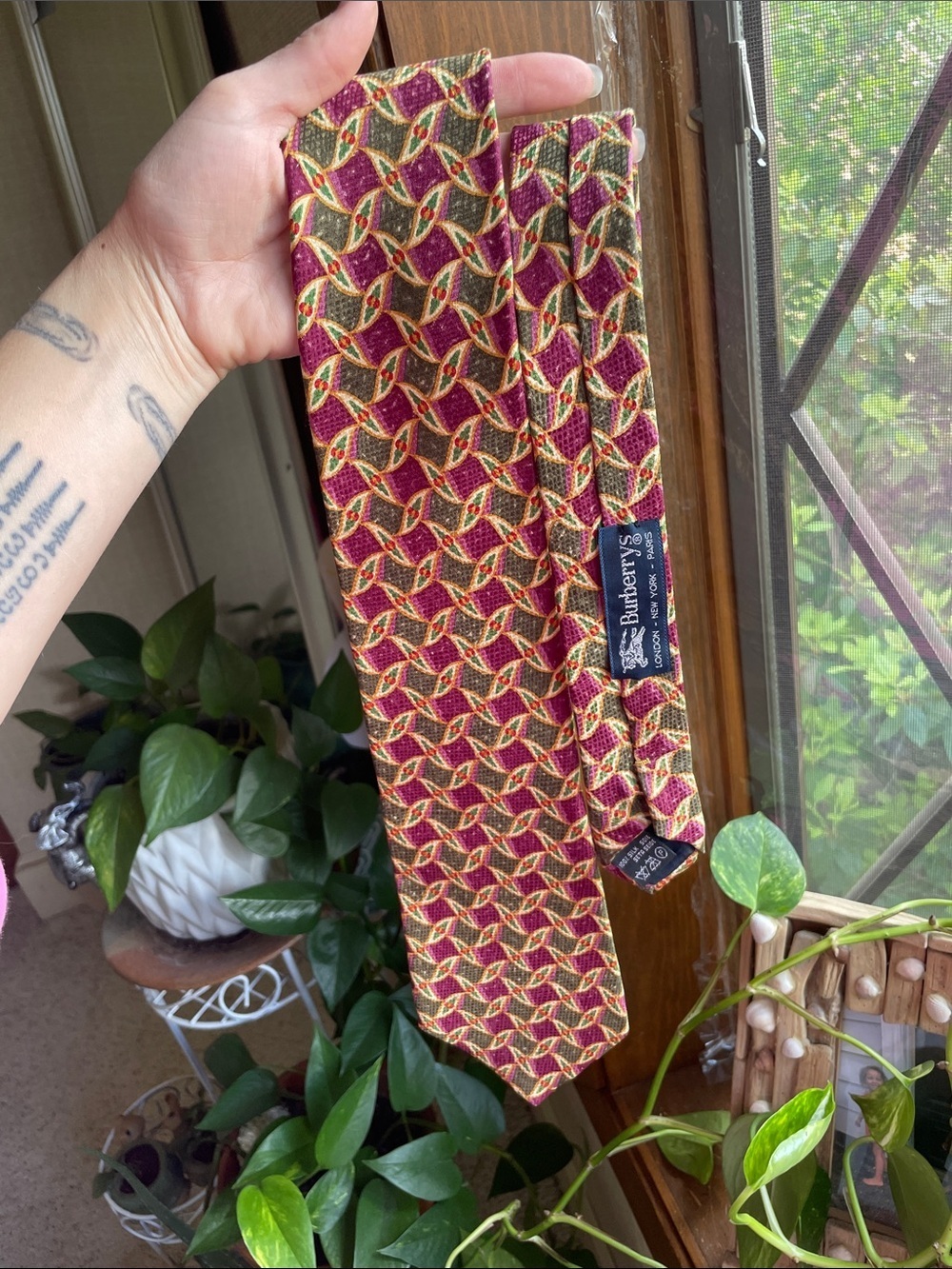 Burberry Green and Grape Geometric Silk Tie